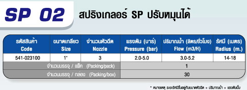 ตาราง SP 02 หัวสปริงเกลอร์ SP (3 หัวฉีด)